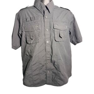 Black Shirt Mens XL Black Solid Short Sleeve Button Up Military Pockets Utility